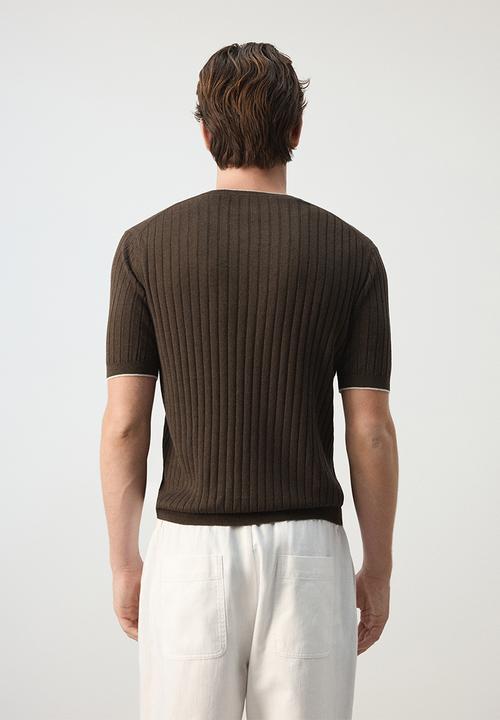 MANGO - Orion Ribbed linen lyocell blend T-shirt - Brown