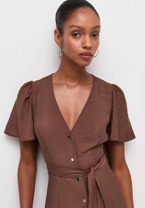 New Look - Jupiter button thru puff midi - Choc