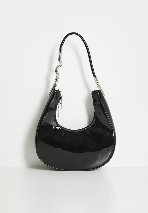 Tessa Design - Hadley Patent Shoulder Bag With Silver Sculptural Handle - Black