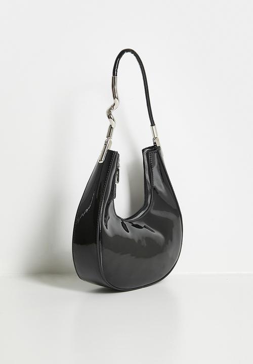 Tessa Design - Hadley Patent Shoulder Bag With Silver Sculptural Handle - Black