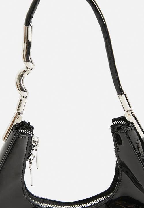 Tessa Design - Hadley Patent Shoulder Bag With Silver Sculptural Handle - Black