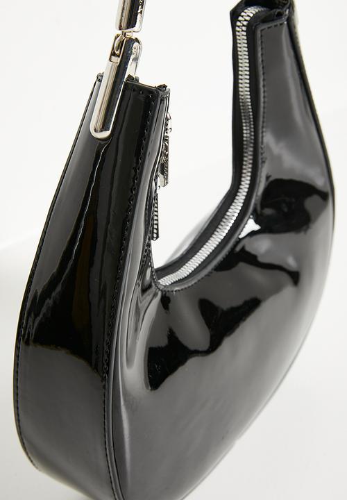 Tessa Design - Hadley Patent Shoulder Bag With Silver Sculptural Handle - Black