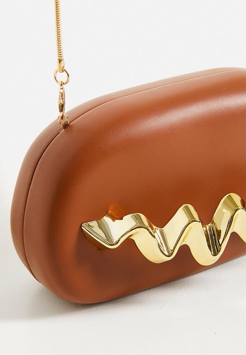 Tessa Design - Gemma Hard Shell Clutch With Gold Wave - Brown