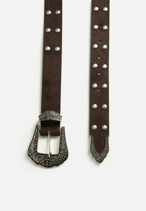 Tessa Design - Koa Studded Belt With Western Silver Buckle- Brown
