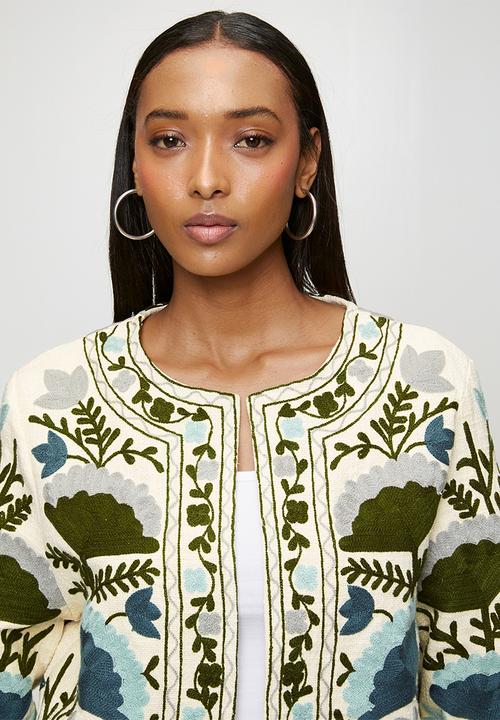 Izabel London - Long sleeve Collarless Embroidered Jacket - Green
