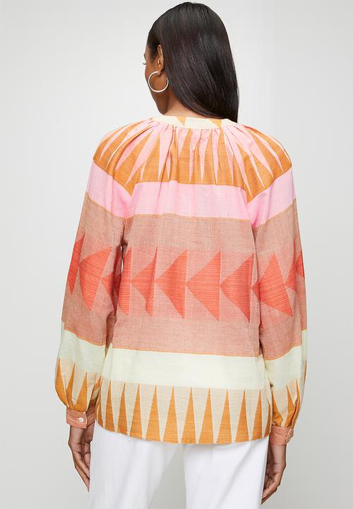 Izabel London - Long sleeve Key Hole Button Through Blouse - multi