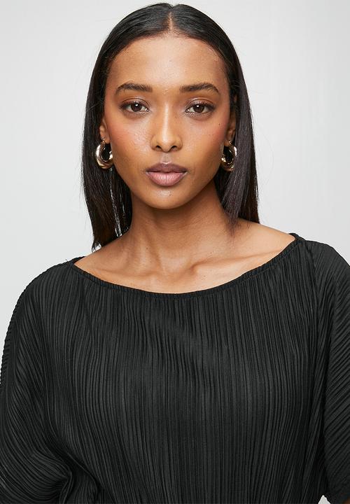 Me&B - Kimono Sleeve Plisse Top With Sash - Black