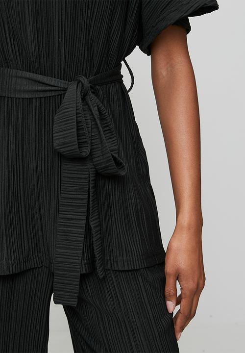 Me&B - Kimono Sleeve Plisse Top With Sash - Black