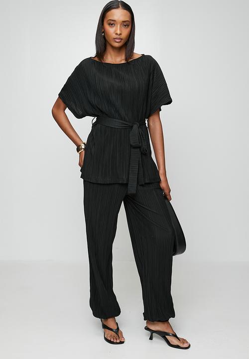 Me&B - Kimono Sleeve Plisse Top With Sash - Black