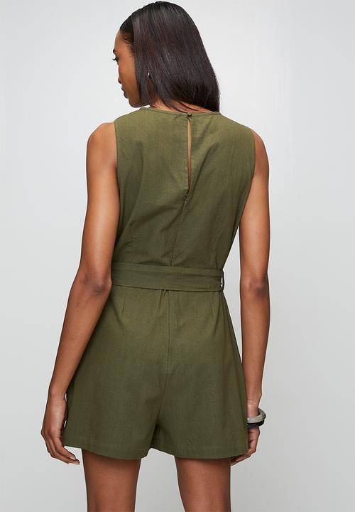 Brave Soul - Ladies Linen Look Playsuit With Tie Waist Detail - Khaki