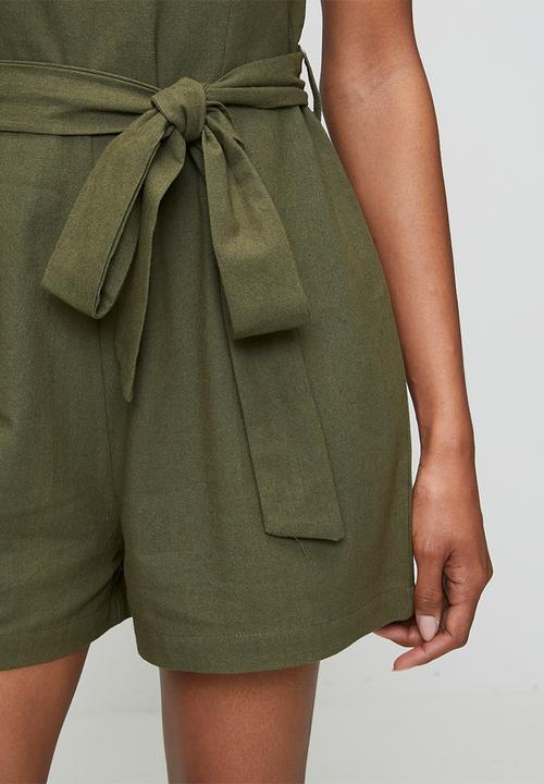Brave Soul - Ladies Linen Look Playsuit With Tie Waist Detail - Khaki