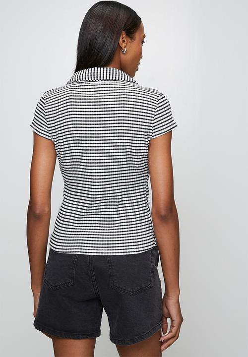 Brave Soul - Ladies Short Sleeve Ginham Collared Top - Black/White