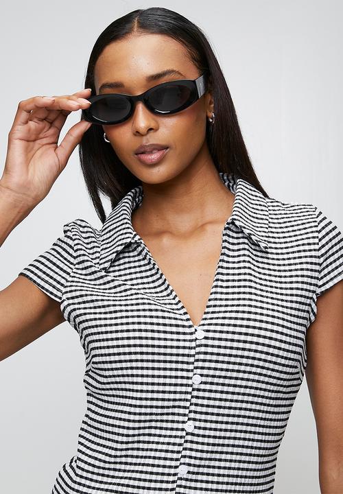 Brave Soul - Ladies Short Sleeve Ginham Collared Top - Black/White