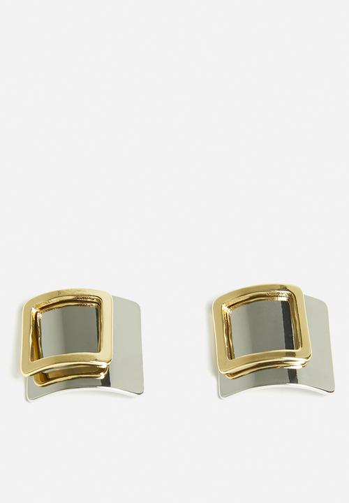 Tessa Design - Zadie Two Tone Metal Square Earrings - Silver/Gold