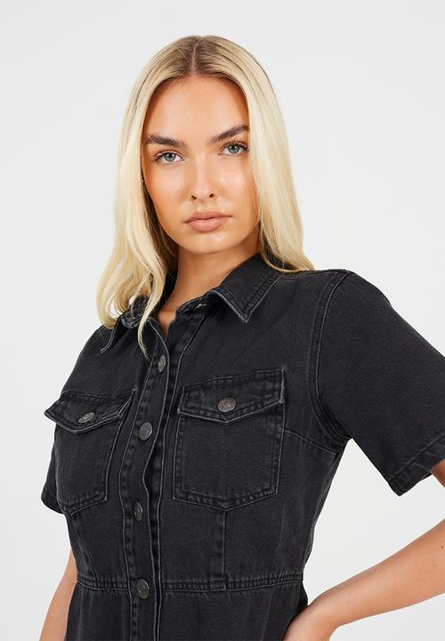 Brave Soul - Ladies Button Down Collared Short Sleeve Denim Dress - Black