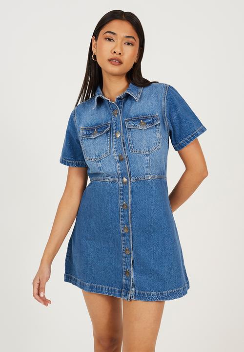 Brave Soul - Ladies Button Down Collared Short Sleeve Denim Dress - Blue
