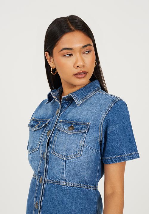 Brave Soul - Ladies Button Down Collared Short Sleeve Denim Dress - Blue