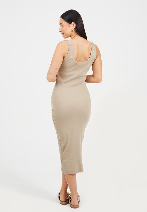 Brave Soul - Ladies Scoop Neck Midi Bodycon Dress - Beige