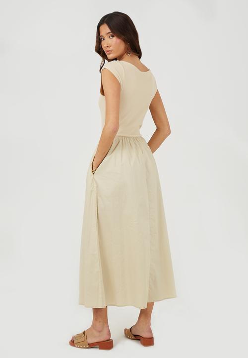Brave Soul - Ladies Midi Ribbed Jersey And Poplin Mix Dress - Tofu