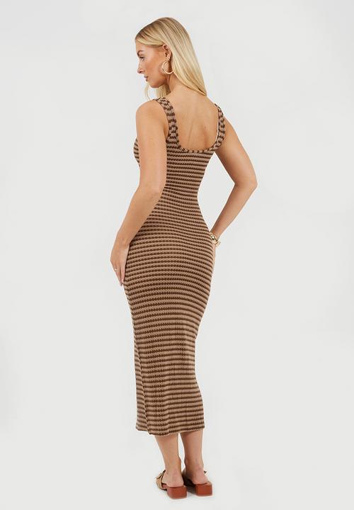 Brave Soul - Ladies Strappy Striped Textured Jersey Midi Dress - Light Brown