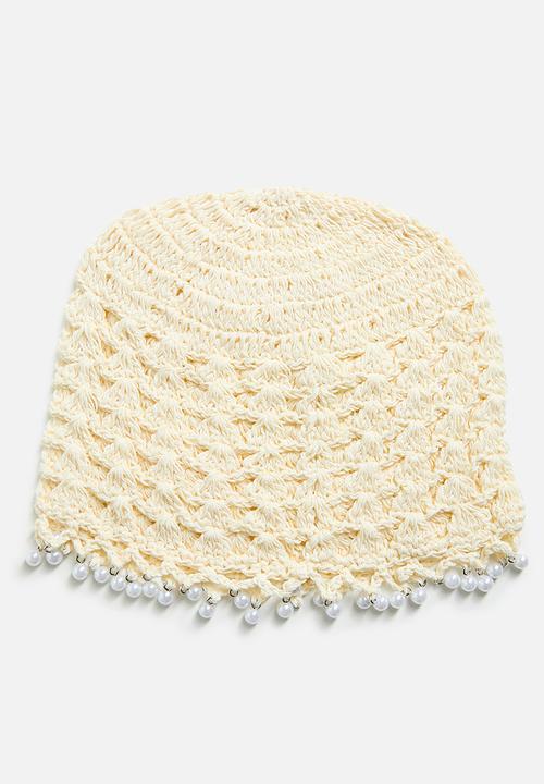 Tessa Design - Nevaeh Crochet Beanie With Silver Beaded Trim-Cream