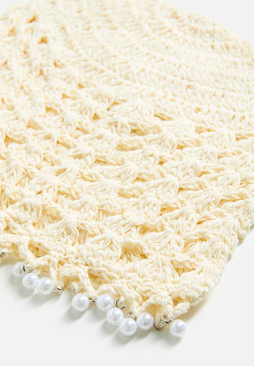 Tessa Design - Nevaeh Crochet Beanie With Silver Beaded Trim-Cream