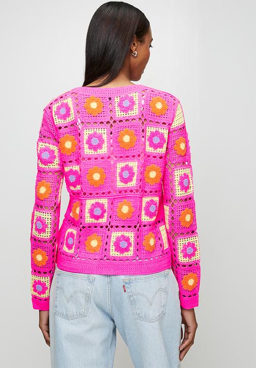 MANDI - L/S Patch Crochet Check Design Crew Neck Button Through Jersey Top - Pink