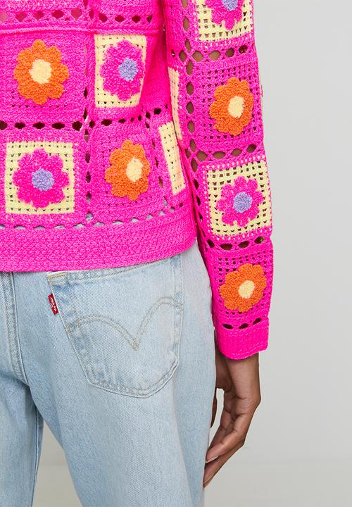 MANDI - L/S Patch Crochet Check Design Crew Neck Button Through Jersey Top - Pink