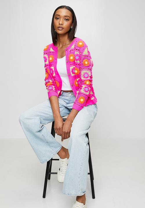 MANDI - L/S Patch Crochet Check Design Crew Neck Button Through Jersey Top - Pink