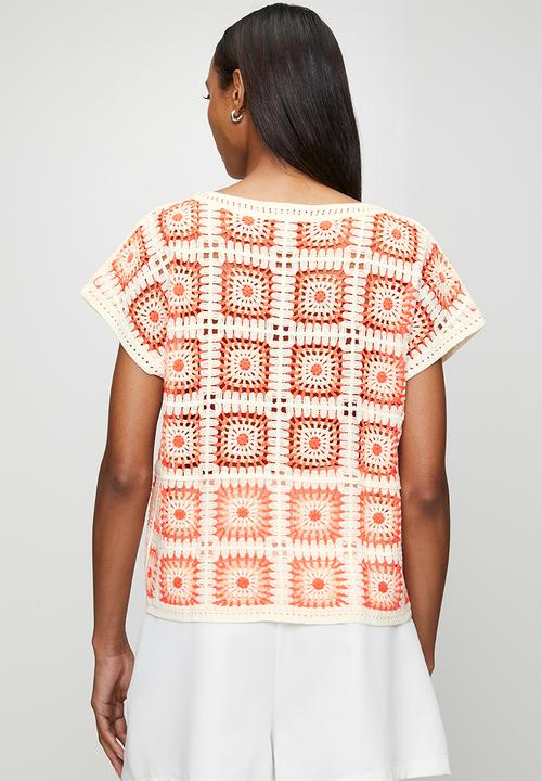 MANDI - Cap Sleeve All In One Panel Check Crochet Top - Orange
