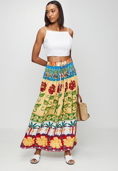 MANDI - High Waisted Tie Maxi Printed Skirt - multu