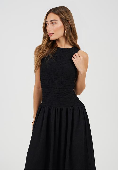Brave Soul - Ladies Textured Jersey Maxi Dress With Ruched Bodice - Black