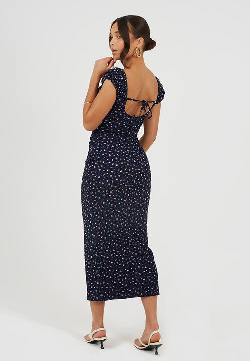 Brave Soul - Ladies Floral Cap Sleeve Textured Jersey Maxi Dress With Tie-Back Detail - Navy