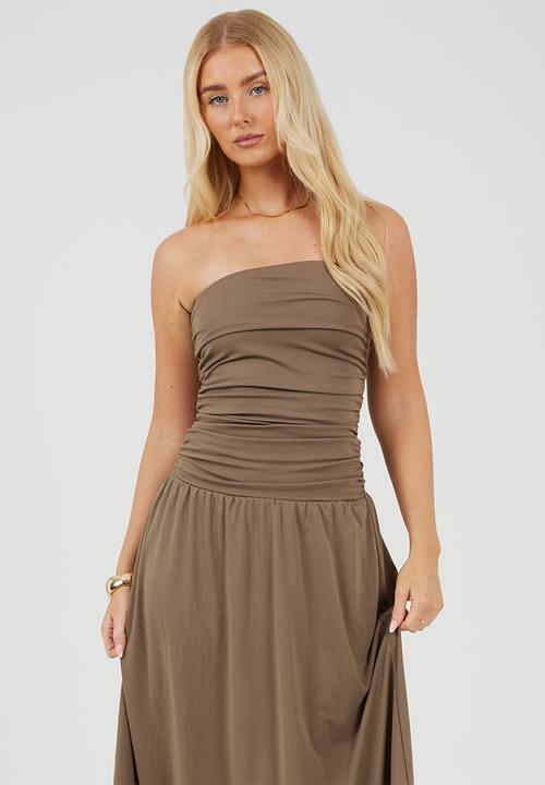 Brave Soul - Ladies Strappy Midi DressWith Ruching Detail - Brown