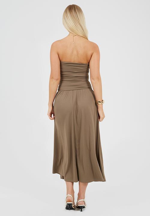Brave Soul - Ladies Strappy Midi DressWith Ruching Detail - Brown