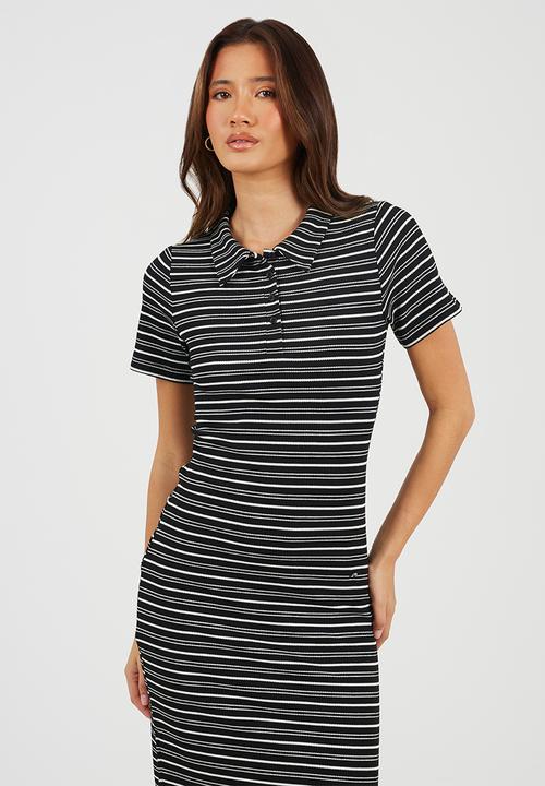 Brave Soul - Ladies Short Sleeve Maxi StripedTextured Jersey Dress With Collar - Black