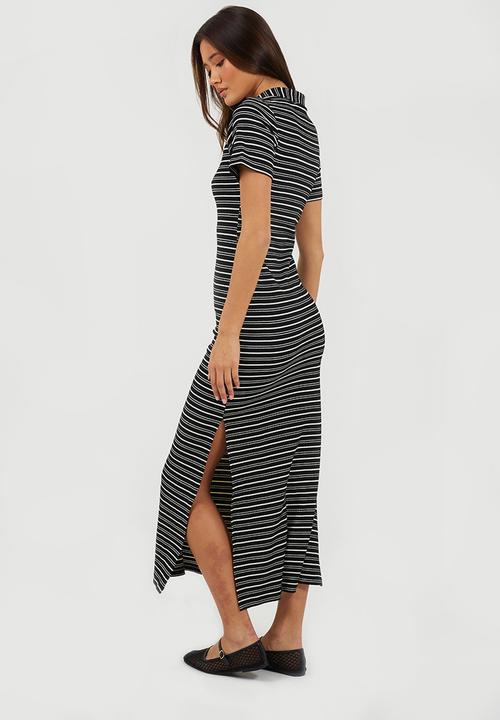 Brave Soul - Ladies Short Sleeve Maxi StripedTextured Jersey Dress With Collar - Black