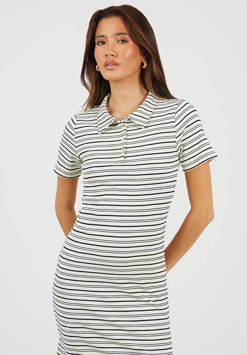 Brave Soul - Ladies Short Sleeve Maxi StripedTextured Jersey Dress With Collar - White Stripe