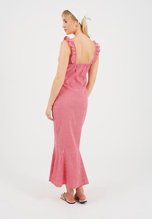 Brave Soul - Ladies Gingham Mermaid Maxi Dress With Ruffle Neckline - Plush Pink