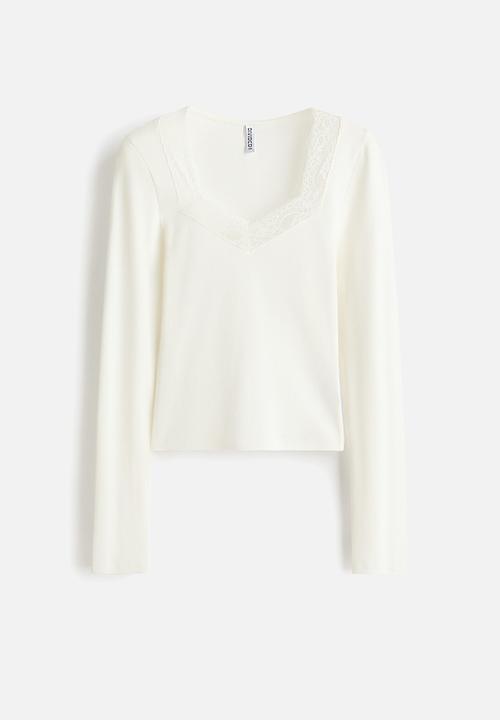 H&M - Lace-trimmed jersey top - white