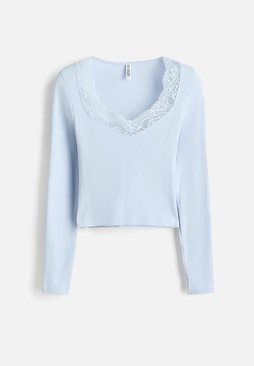H&M - Lace-trimmed jersey top - light blue