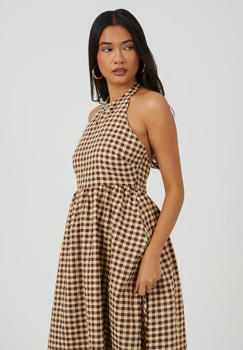 Brave Soul - Ladies Gingham Halterneck Maxi Dress - Brown