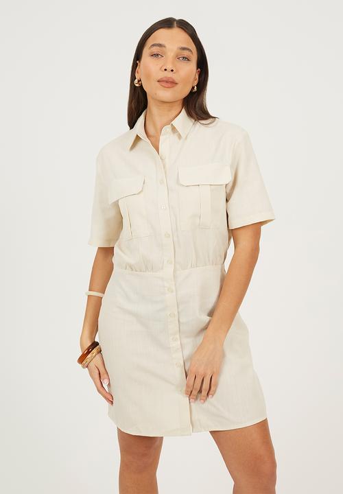 Brave Soul - Ladies Short Sleeve Button Down Midi Shirt Dress - White