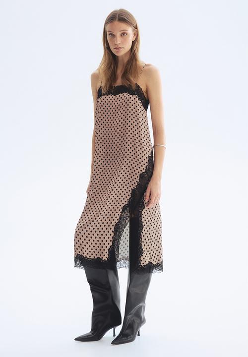 H&M - Lace-trimmed slip dress - beige/polka dot