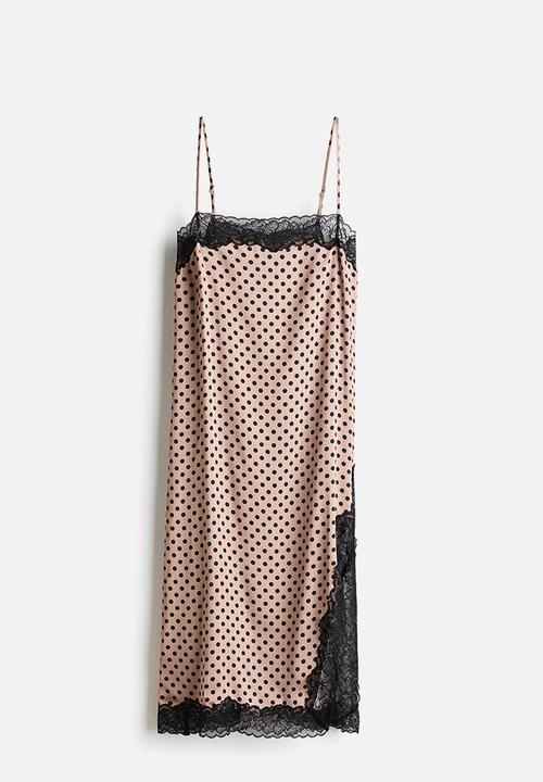 H&M - Lace-trimmed slip dress - beige/polka dot