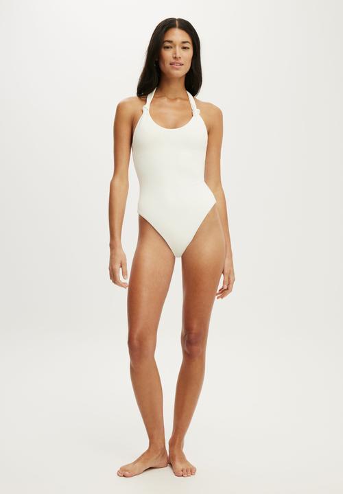 Cotton On - Halter Knot One Piece Cheeky - Coconut Milk Waffle
