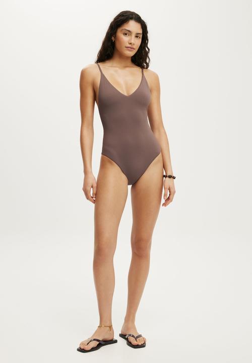 Cotton On - Thin Strap V Neck One Piece Full - Clay Taupe Matte