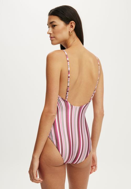 Cotton On - Thin Strap V Neck One Piece Full - Boho Stripes Pink Shimmer