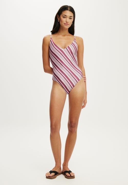 Cotton On - Thin Strap V Neck One Piece Full - Boho Stripes Pink Shimmer