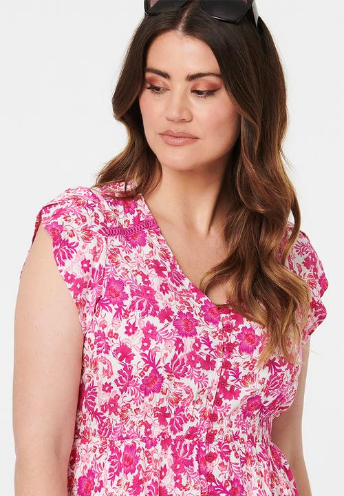 Izabel London - Cap Sleeve With Flutter V-Neck Button Through Midi Dress Printed - Pink